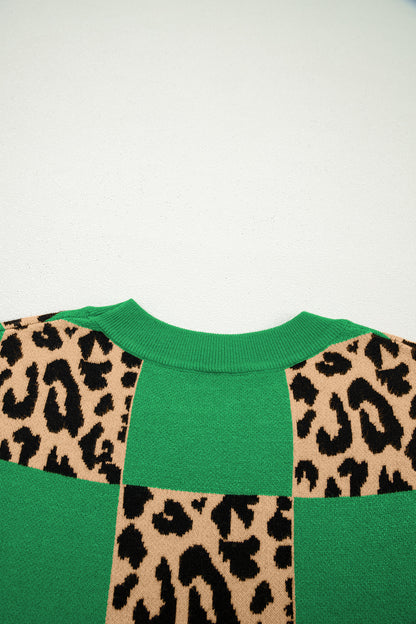 Suéter de punto de manga corta con estampado a cuadros de leopardo verde
