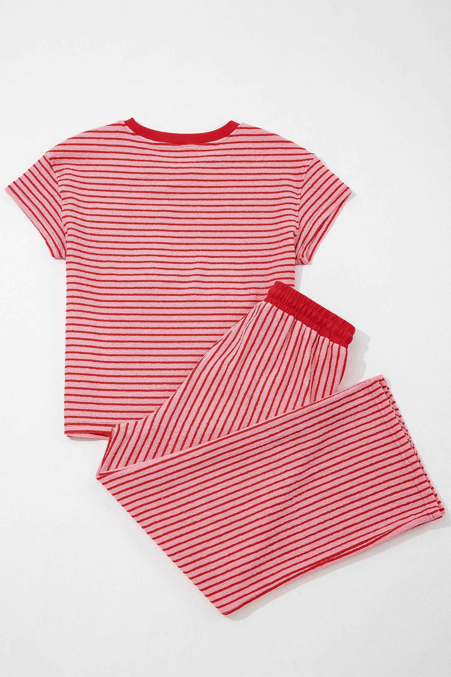 Sky Blue Stripe Crew Neck Tee Drawstring Waist Cropped Pants Set - Snoopy's Closet