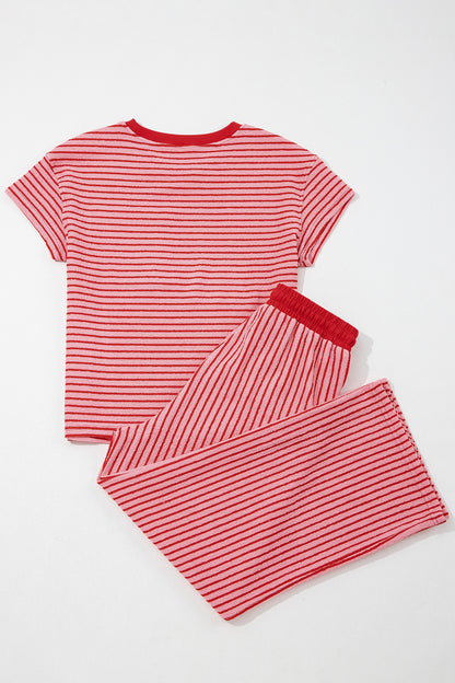 Sky Blue Stripe Crew Neck Tee Drawstring Waist Cropped Pants Set - Snoopy's Closet