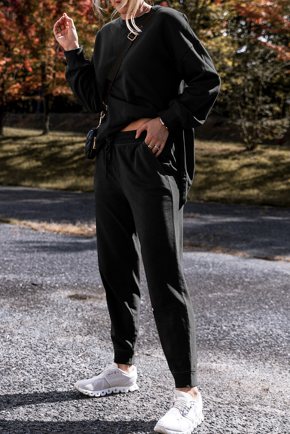 Black Solid Color High Low Pullover and Skinny Pants Set - Snoopy's Closet