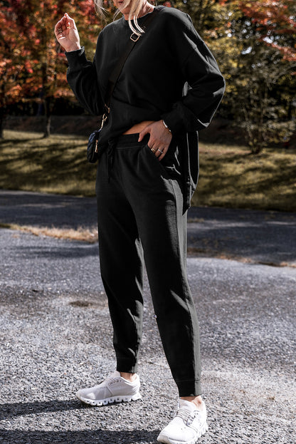 Black Solid Color High Low Pullover and Skinny Pants Set - Snoopy's Closet