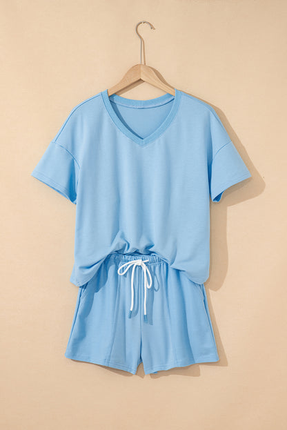 Myosotis V Neck Drop Shoulder Tee and Patchwork Drawstring Elastic Waistband Shorts Set