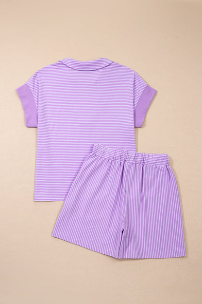 Pink Stripe Dolman Sleeve Polo Shirt and Drawstring Shorts Set - Snoopy's Closet