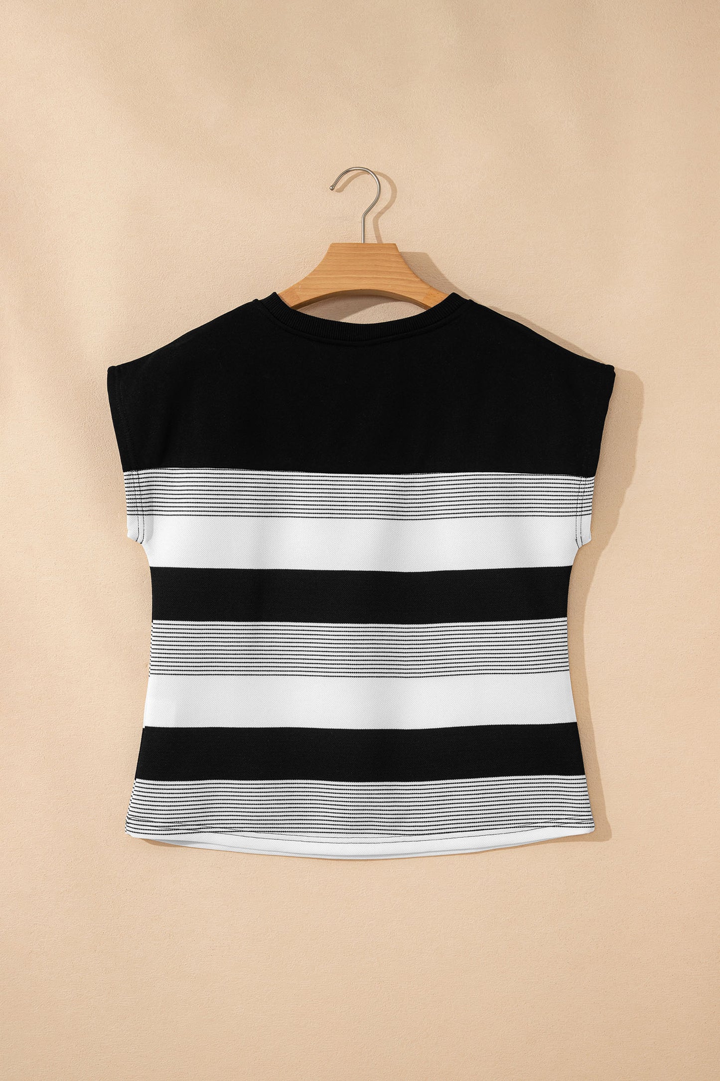Black Stripe Mixed Print Crew Neck Cap Sleeve T Shirt - Snoopy's Closet