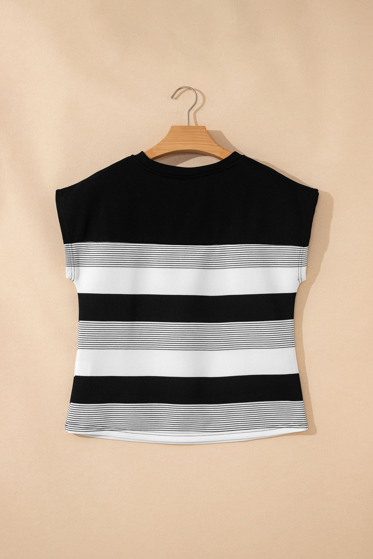 Black Stripe Mixed Print Crew Neck Cap Sleeve T Shirt - Snoopy's Closet