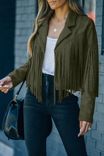 Chaqueta de ante sintético corta verde con flecos