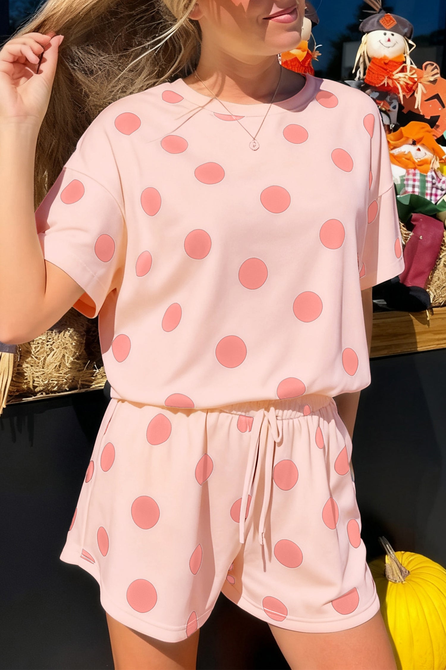 Pink Polka Dot Print Loose Tee Drawstring Elastic Waist Short Set - Snoopy's Closet