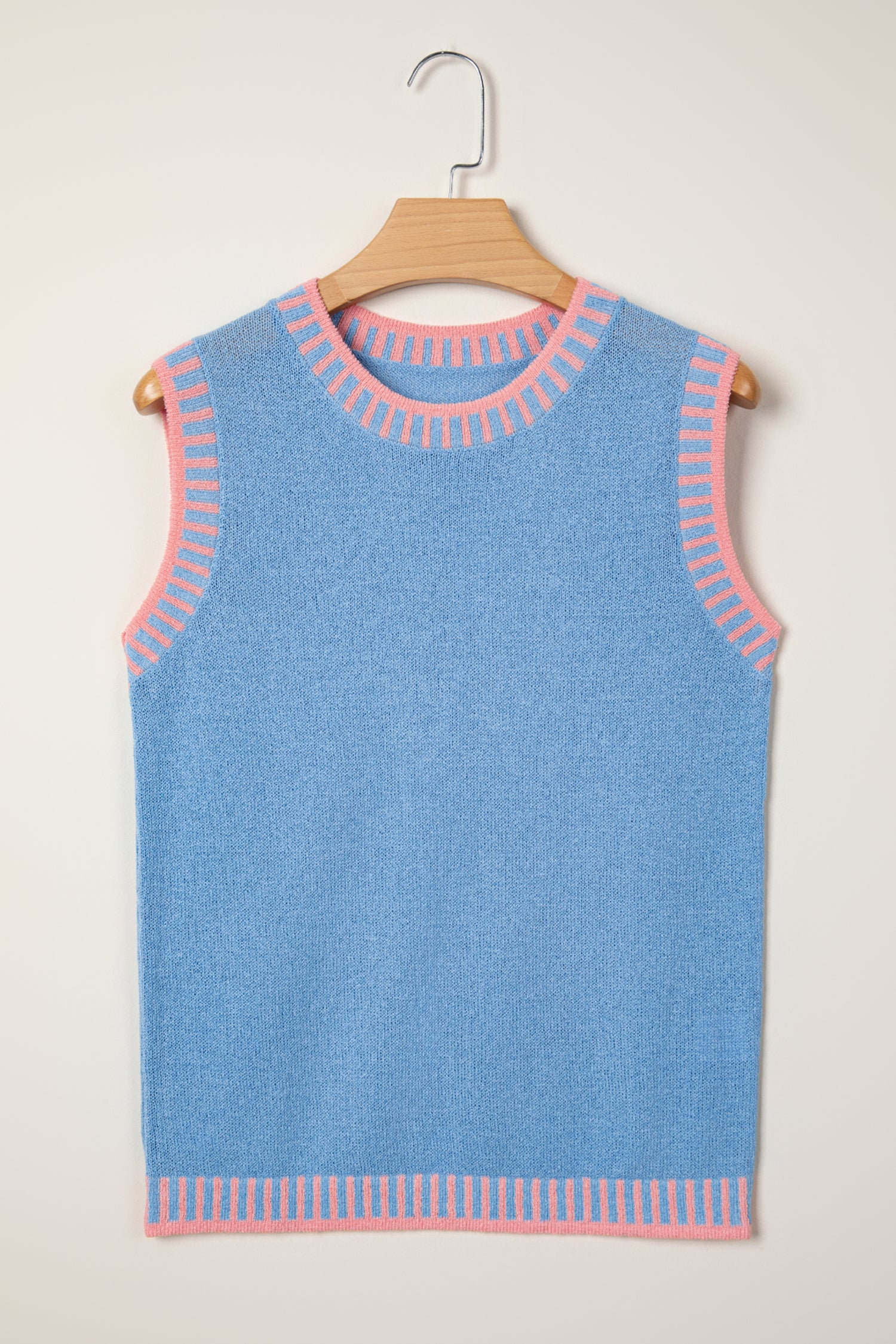Sky Blue Contrast Trim Round Neck Sleeveless Sweater - Snoopy's Closet