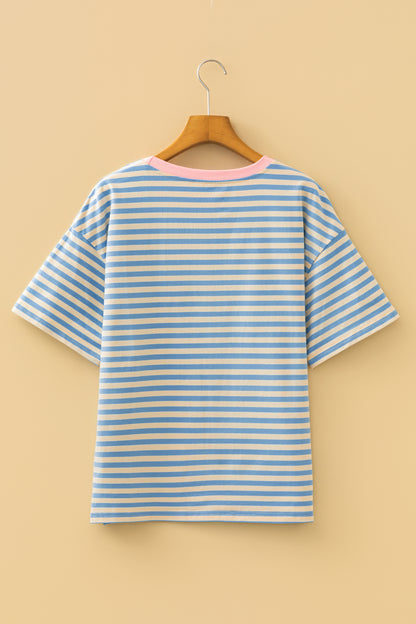 Sky Blue Stripe Contrast Crew Neck Drop Shoulder Loose Tee - Snoopy's Closet