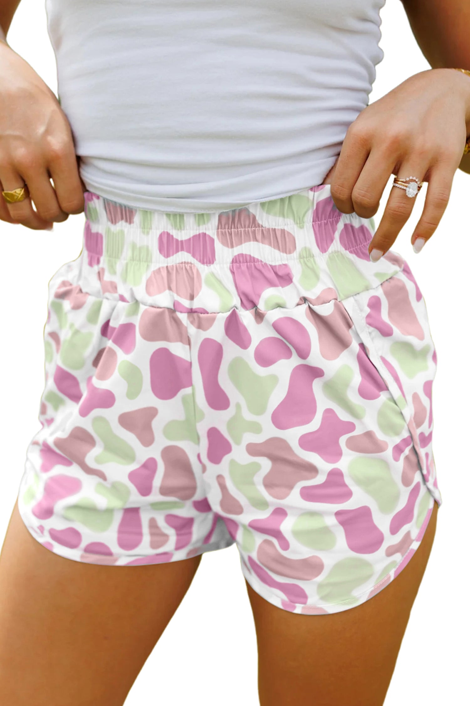 Green Camouflage Print Shirred High Waist Athleisure Shorts - Snoopy's Closet