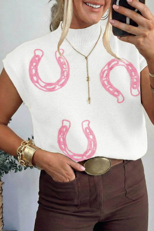 Suéter de manga corta con cuello simulado, herraduras acordonadas blancas y ribete acanalado