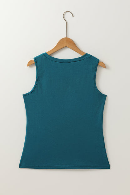 Blue Sapphire Solid Color Stitching Detail Round Neck Tank Top - Snoopy's Closet