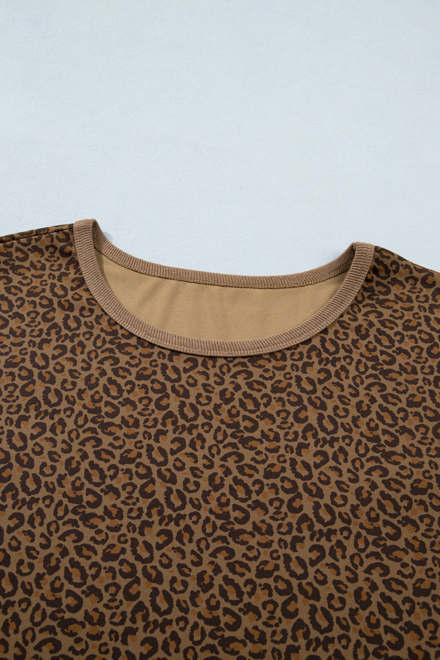 Khaki Plus Size Leopard Print Ribbed Trim Round Neck Tee