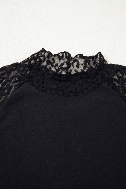Black Leopard Mesh Patchwork Knit Long Sleeve Top - Snoopy's Closet