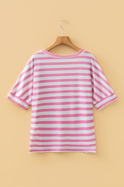 Pink Stripe V Neck Patched Pocket Casual T Shirt - Snoopy's Closet