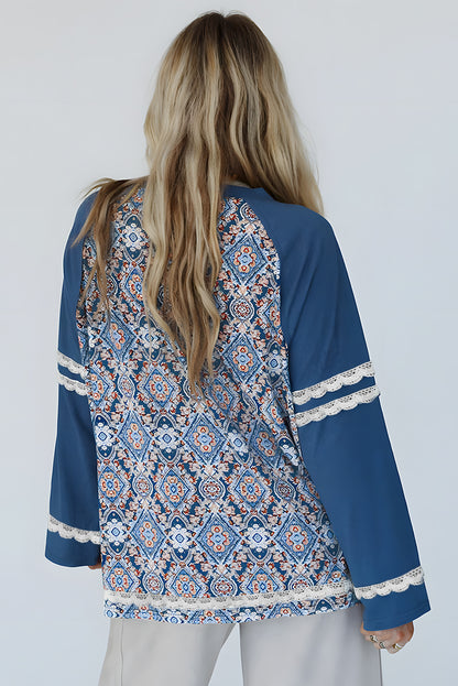 Blue Geometric Printed Lace Patchwork Ric Rac Raglan Long Sleeve Top - Snoopy's Closet