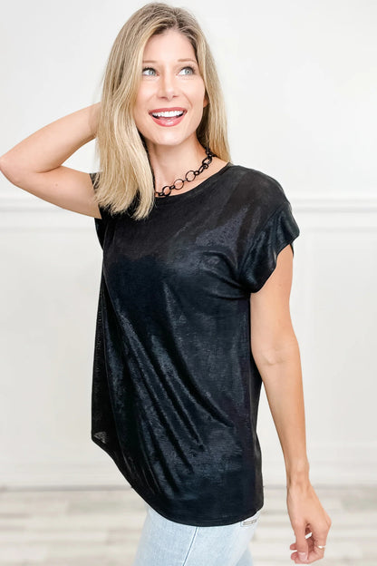 Black Metallic Round Neck Cap Sleeve Tee - Snoopy's Closet
