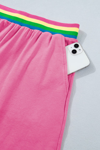 Bright Pink Seam Detail Raw Edge Tee Rainbow Waistband Casual Short Set - Snoopy's Closet