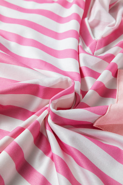 Pink Stripe V Neck Patched Pocket Casual T Shirt - Snoopy's Closet