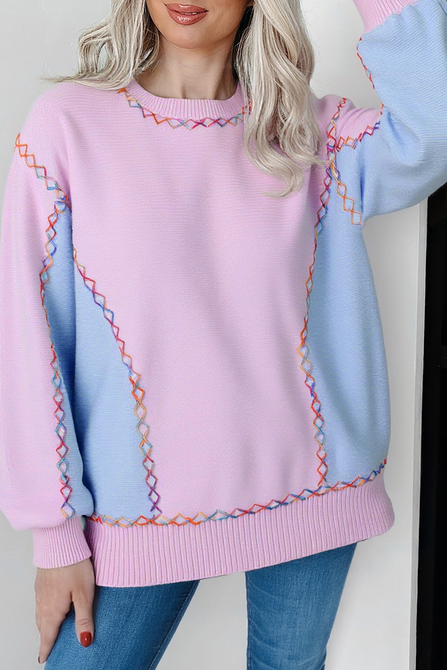 Orchid Bouquet Rainbow Stitching Balloon Sleeve Relaxed Sweater - Snoopy's Closet