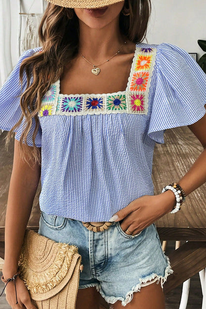 Sky Blue Stripe Textured Ruffle Short Sleeve Boho Detail Square Neck Blouse - Snoopy's Closet
