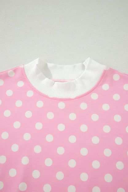 Sky Blue Polka Dot Print Color Block Trim Mock Neck Short Set - Snoopy's Closet
