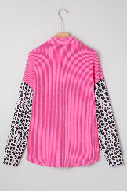 Chaqueta Estilo Camisa con Estampado de Leopardo Rojo Rosado y Acanalado Retorcido Occidental Casual