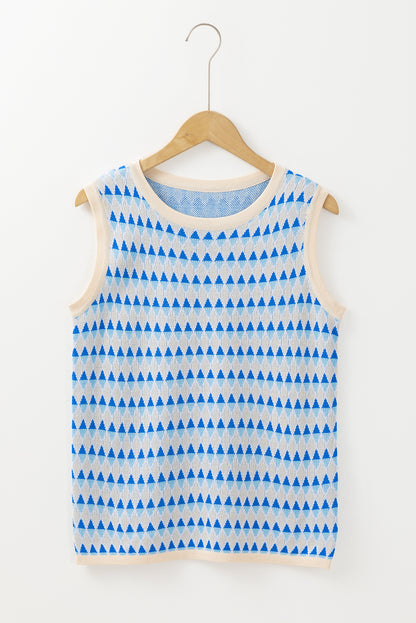 Sky Blue Stripe Geometric Print Round Neck Slim Fit Sweater Vest - Snoopy's Closet