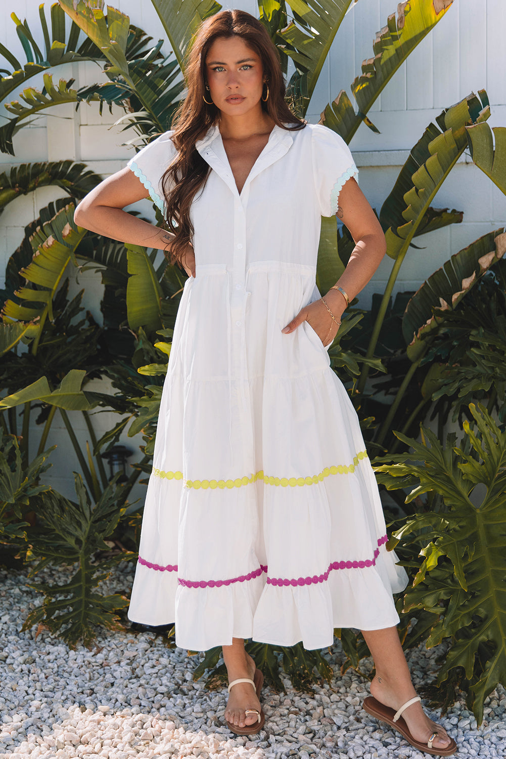 White Colorblock Rickrack Trim Short Sleeve Drawstring Waist Long Dress - Snoopy's Closet