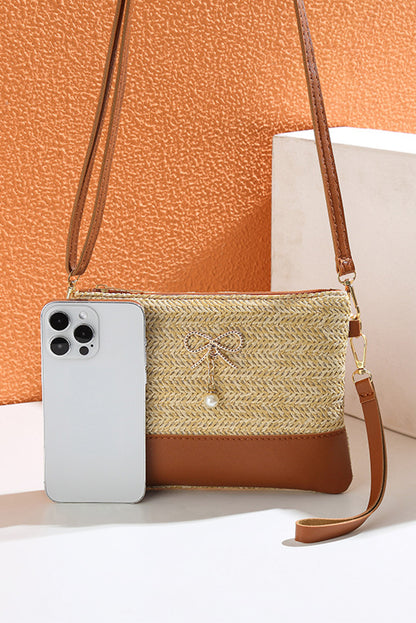 Beige Bow Pearl Decor Straw PU Leather Patched Crossbody Bag - Snoopy's Closet