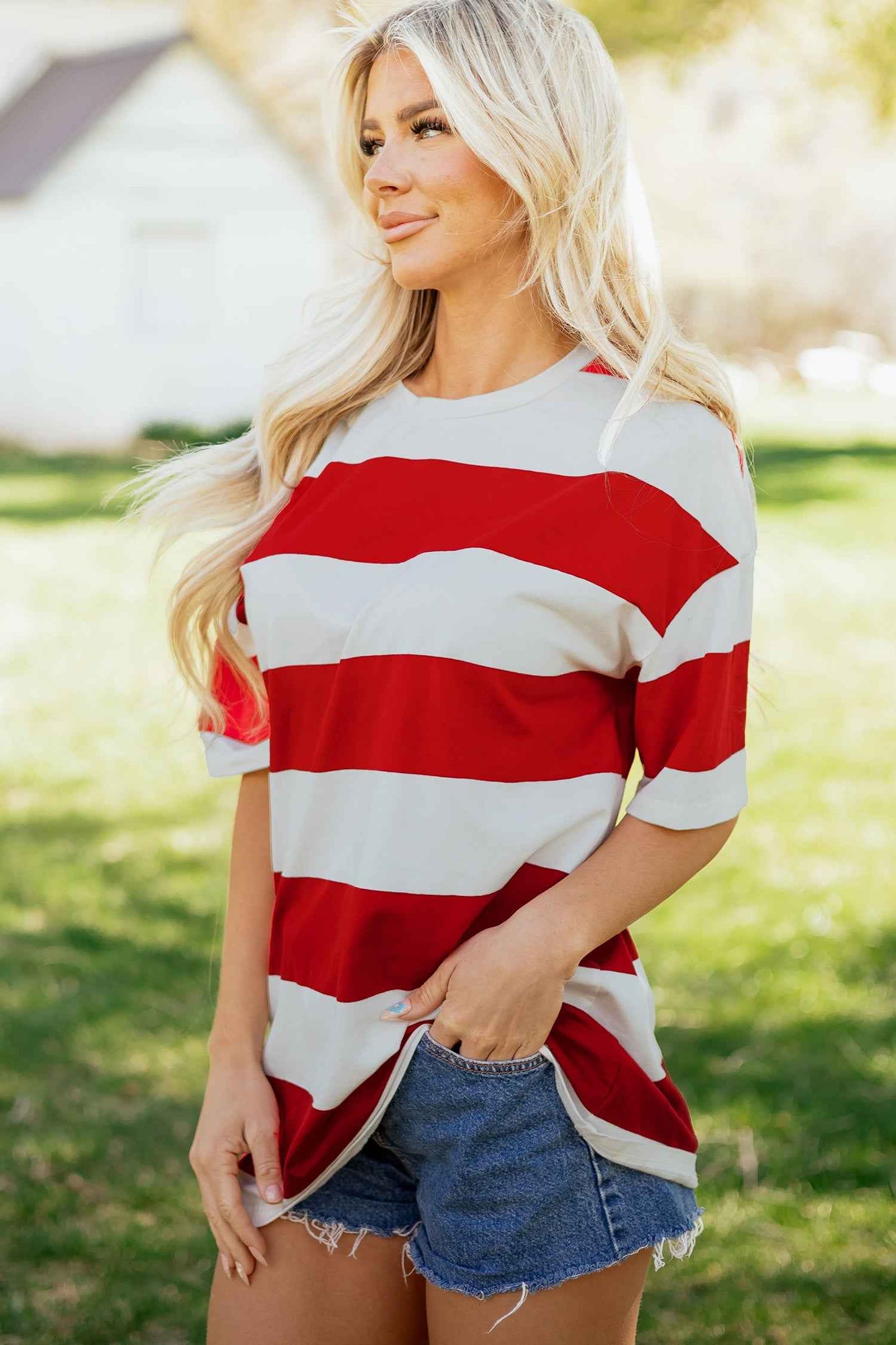 Bright Pink Striped Color Block Oversize Tunic Tee