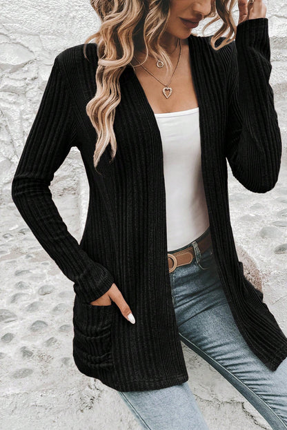 Black Ribbed Open Front Knitted Top with Pockets - Snoopy's Closet