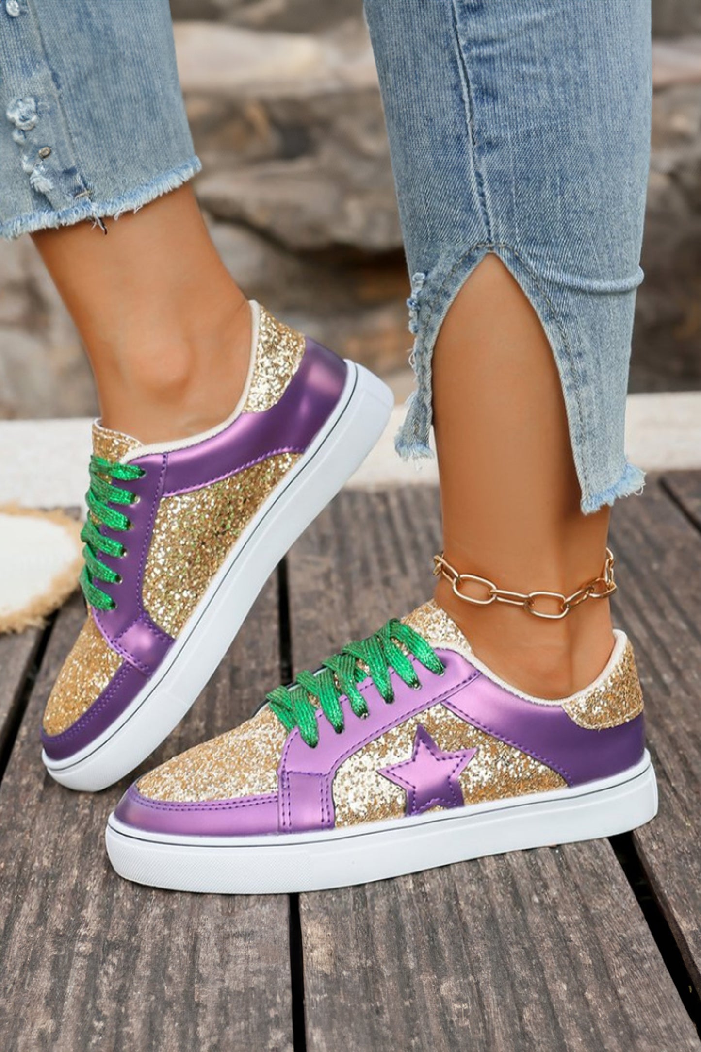 Tillandsia Purple Dearlove Glitter Star Patchwork PU Leather Lace-up Sneakers - Snoopy's Closet
