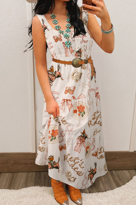 Vestido midi sin mangas con cuello de pico y estampado de herraduras del Oeste en blanco