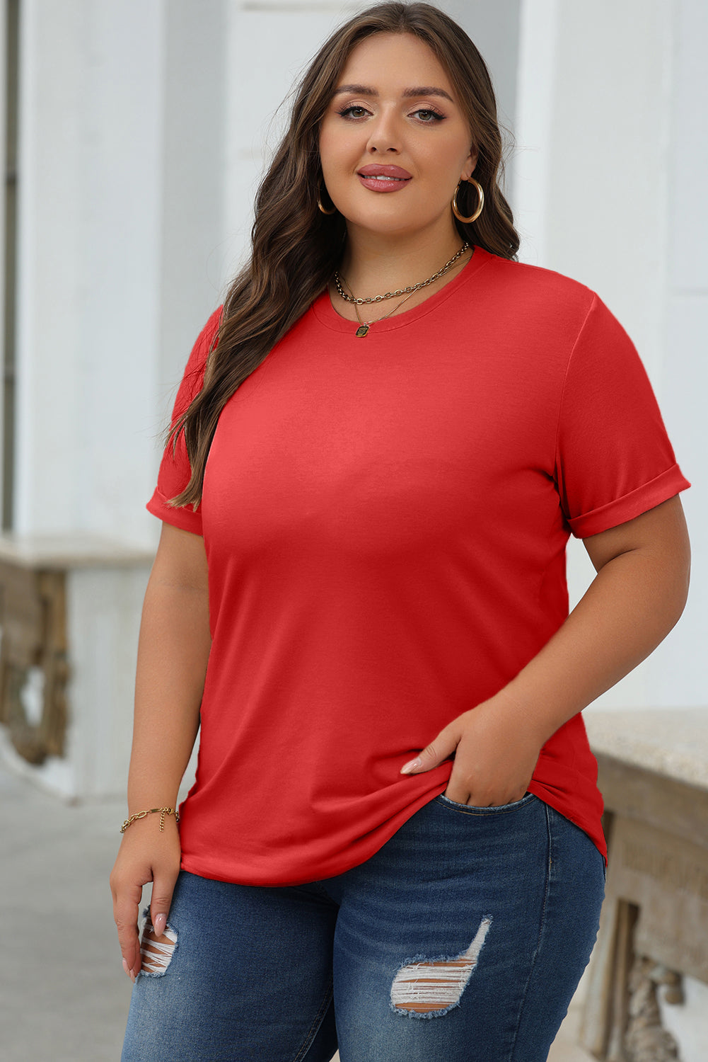 Dearlove Red Casual Plain Crew Neck Tee - Snoopy's Closet