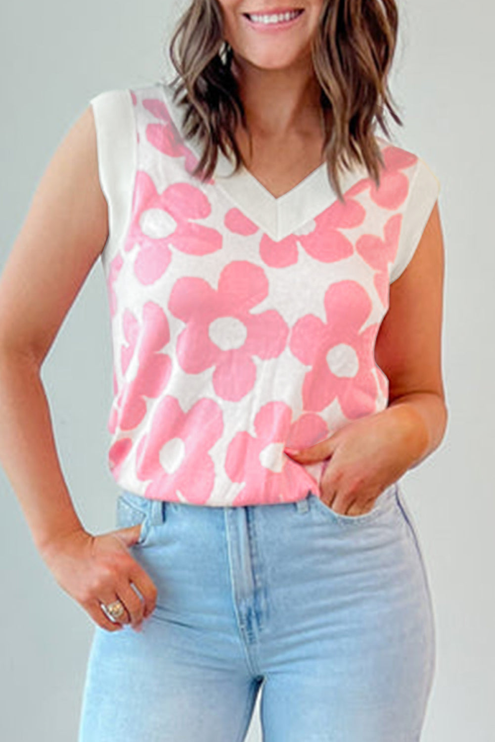 Pink Cute Flower Knitted V Neck Tank Top - Snoopy's Closet