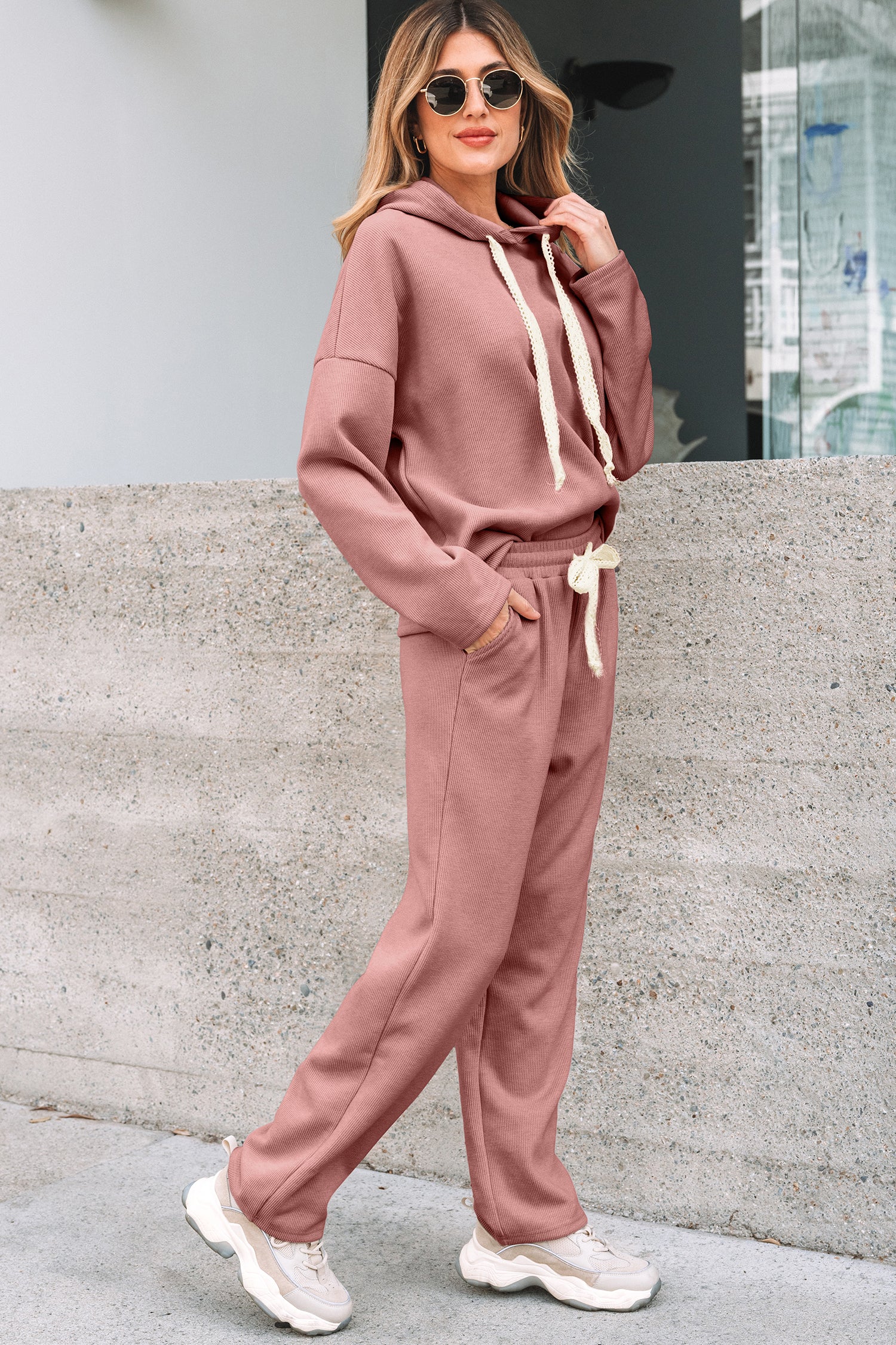 Parchment Leopard Drawstring Pullover Hoodie and High Waist Pants Corduroy Suit - Snoopy's Closet