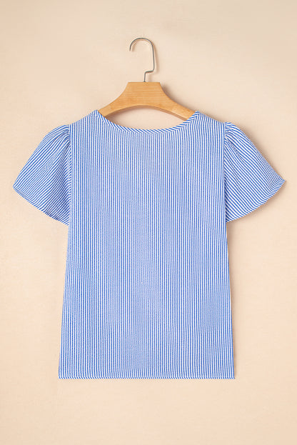 Sky Blue Stripe Textured Ruffle Short Sleeve Boho Detail Square Neck Blouse - Snoopy's Closet