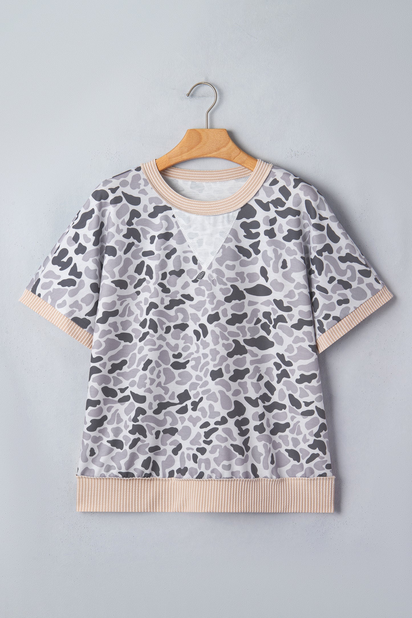 Gray Camouflage Print Twisted Ribbed Patchwork Casual T Shirt - Snoopy's Closet