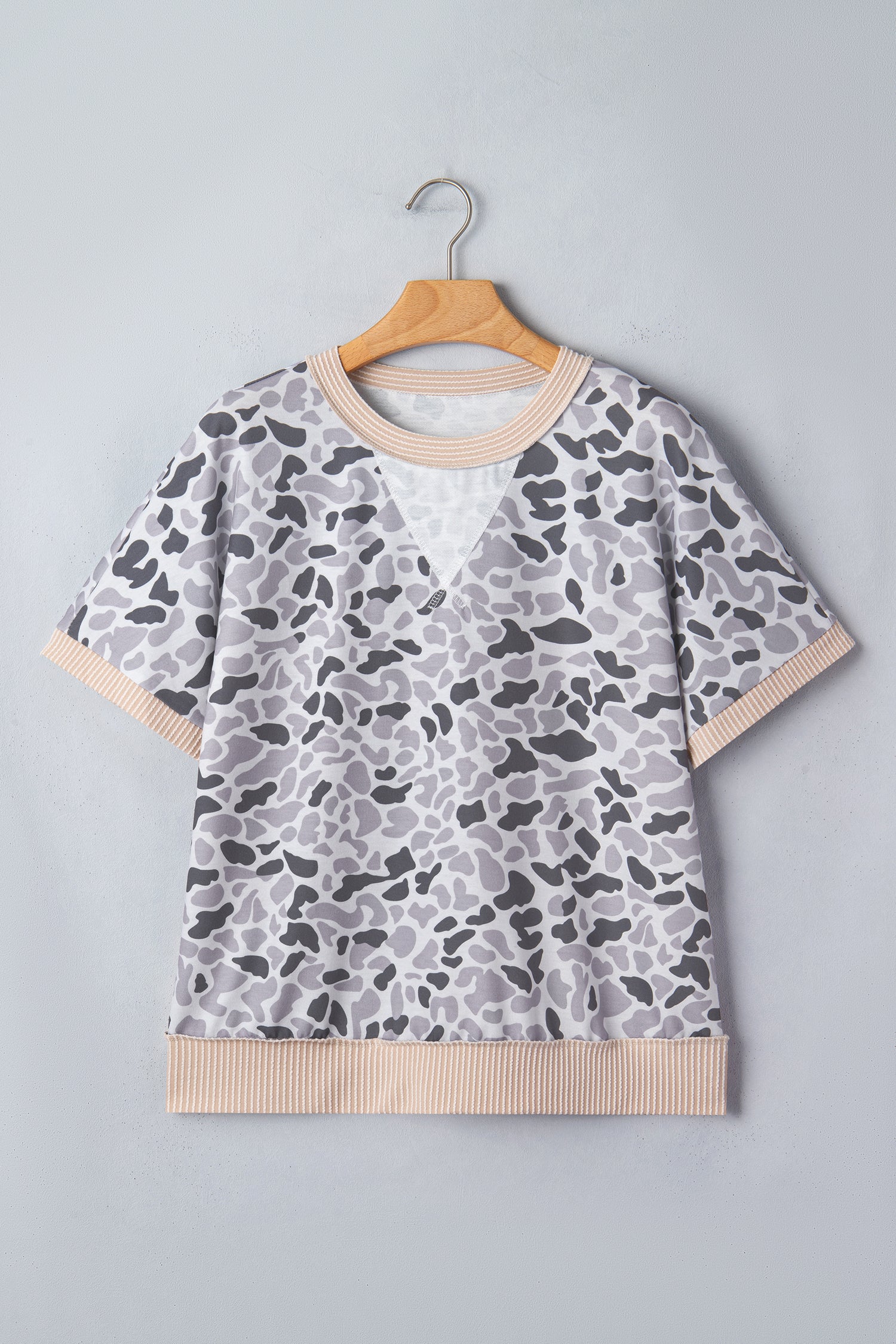 Gray Camouflage Print Twisted Ribbed Patchwork Casual T Shirt - Snoopy's Closet