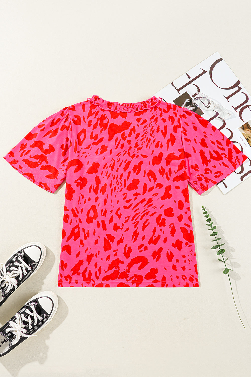 Rose Leopard Frilly V Neck Short Sleeve Blouse - Snoopy's Closet