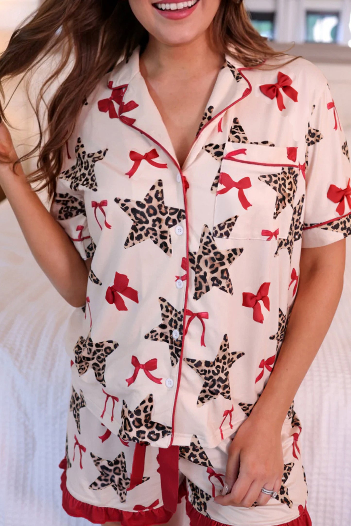 White Leopard Star Ribbon Bow Print Contrast Trim Short Pajama Set - Snoopy's Closet