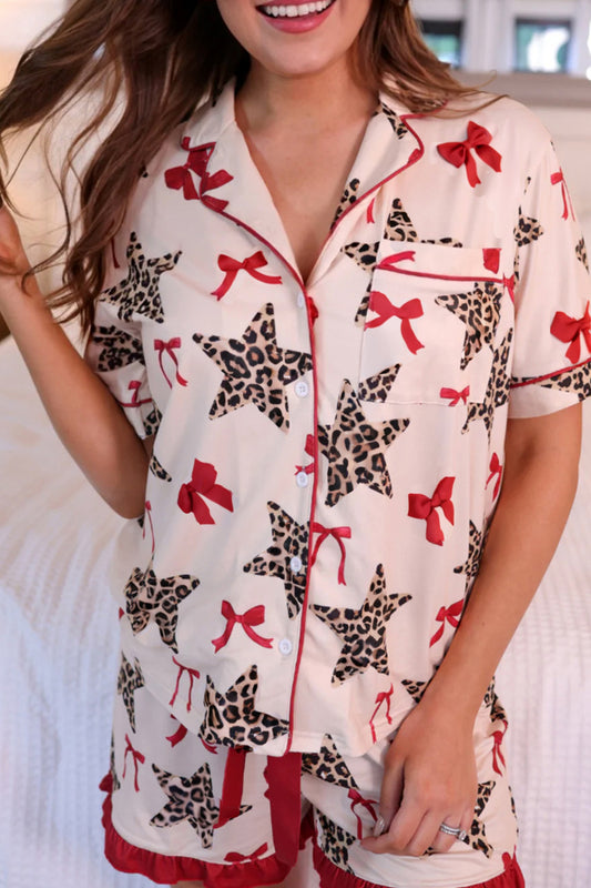 White Leopard Star Ribbon Bow Print Contrast Trim Short Pajama Set - Snoopy's Closet