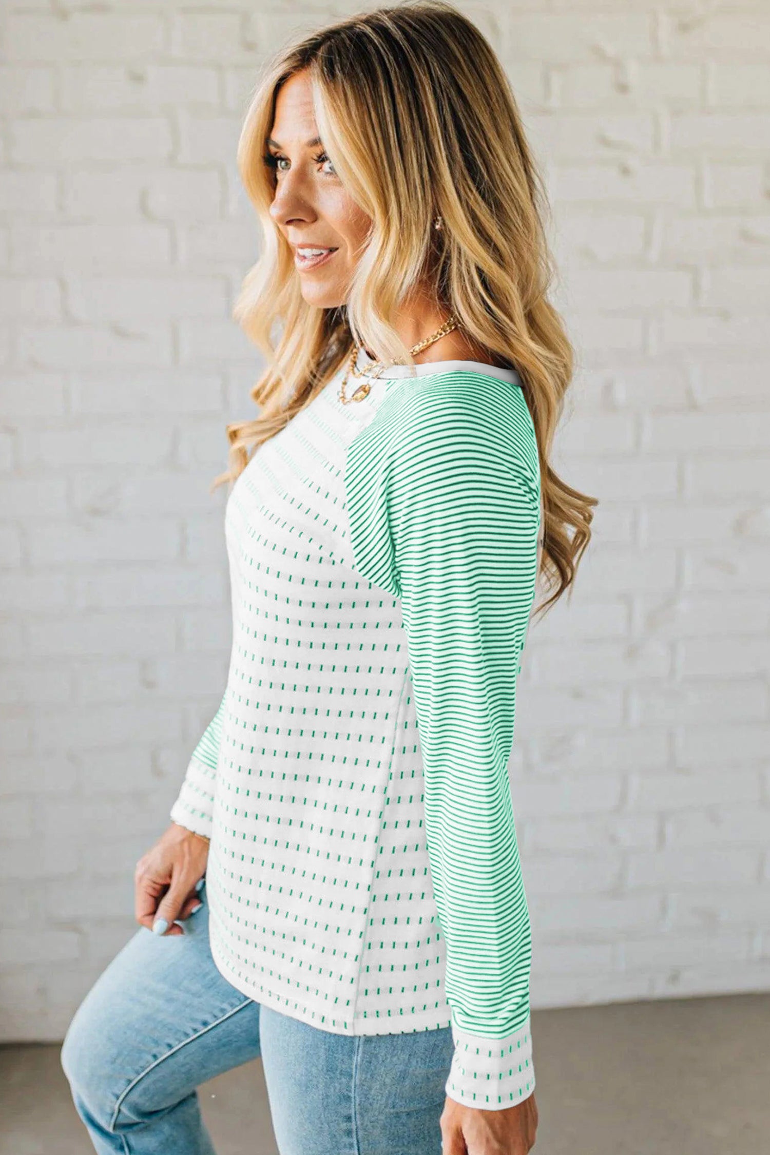 Green Stripe Raglan Patchwork Long Sleeve Tee - Snoopy's Closet