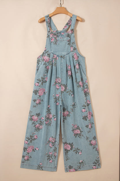 Mono vaquero Beau azul con estampado floral, pliegues, talle alto y pierna ancha