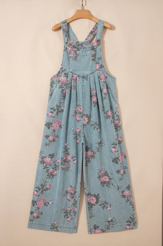 Mono vaquero Beau azul con estampado floral, pliegues, talle alto y pierna ancha