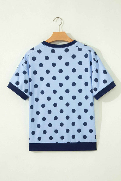 Pink Color Block Trim Polka Dot Casual Tee