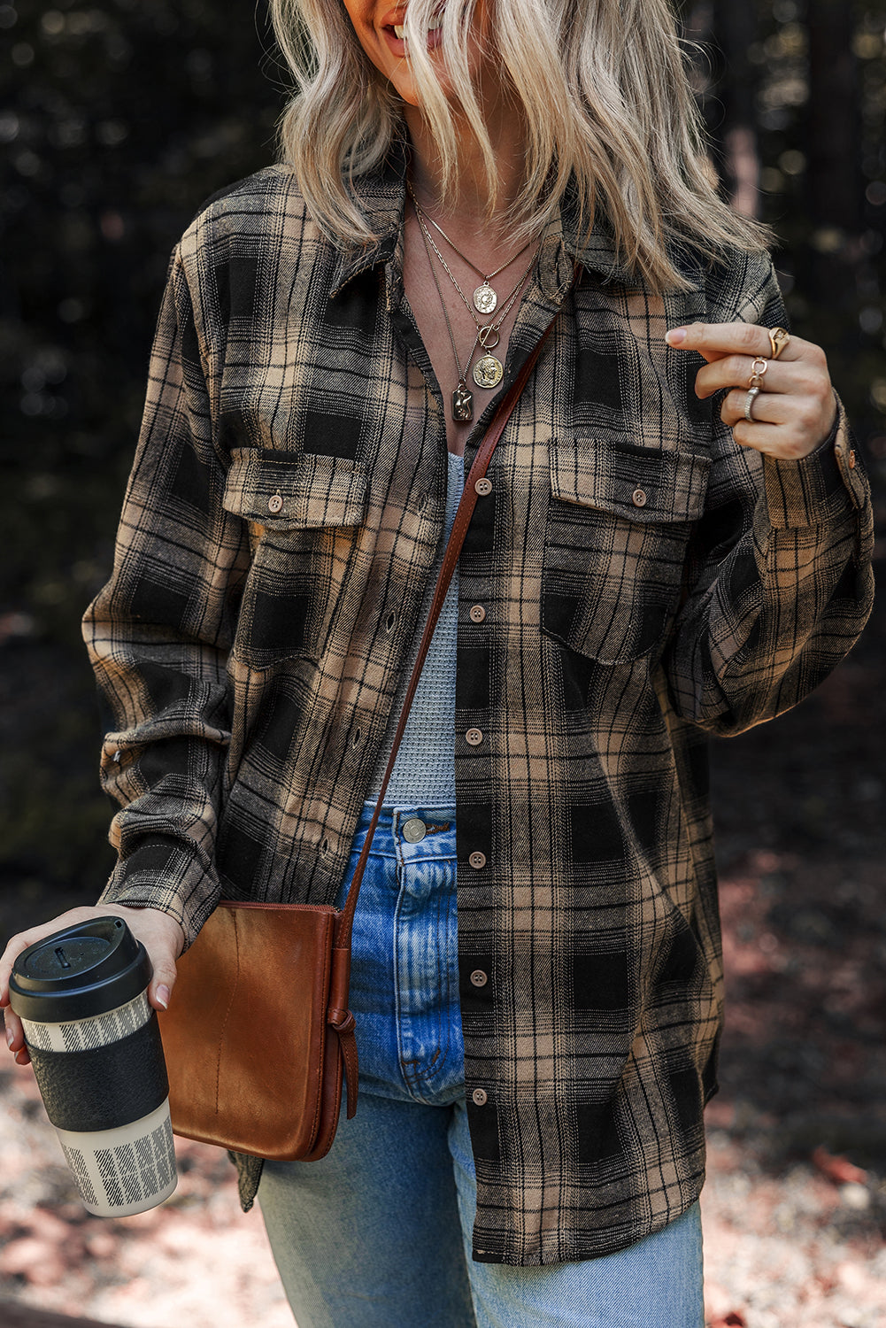 Camisa tipo chaqueta cepillada con doble bolsillo y estampado retro a cuadros multicolor