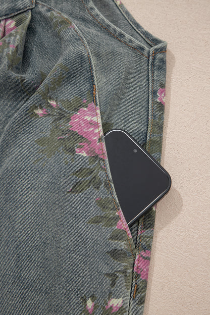 Mono vaquero de pierna ancha plisado de talle alto con estampado floral gris Beau