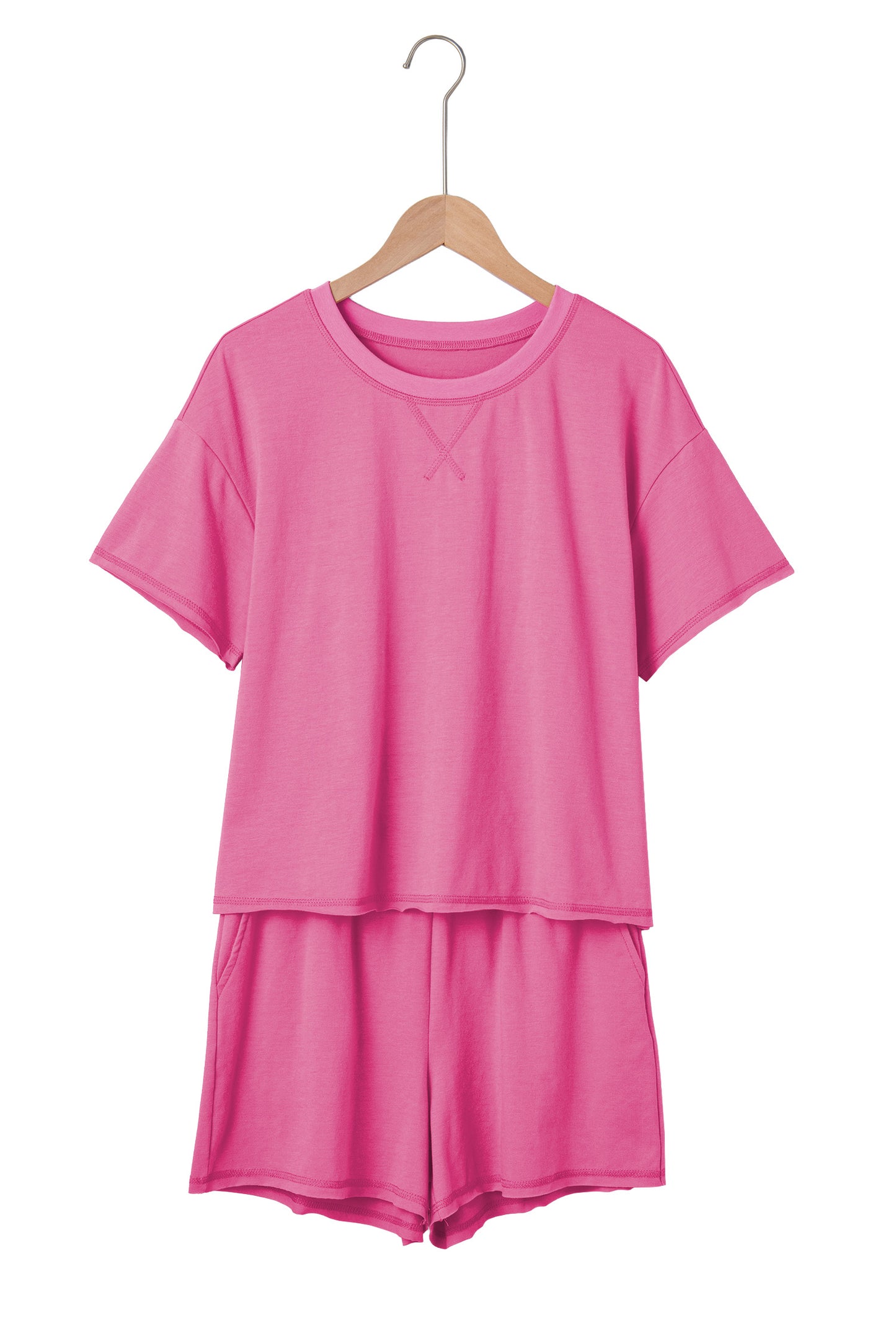 Bright Pink Seam Detail Raw Edge Tee Rainbow Waistband Casual Short Set - Snoopy's Closet